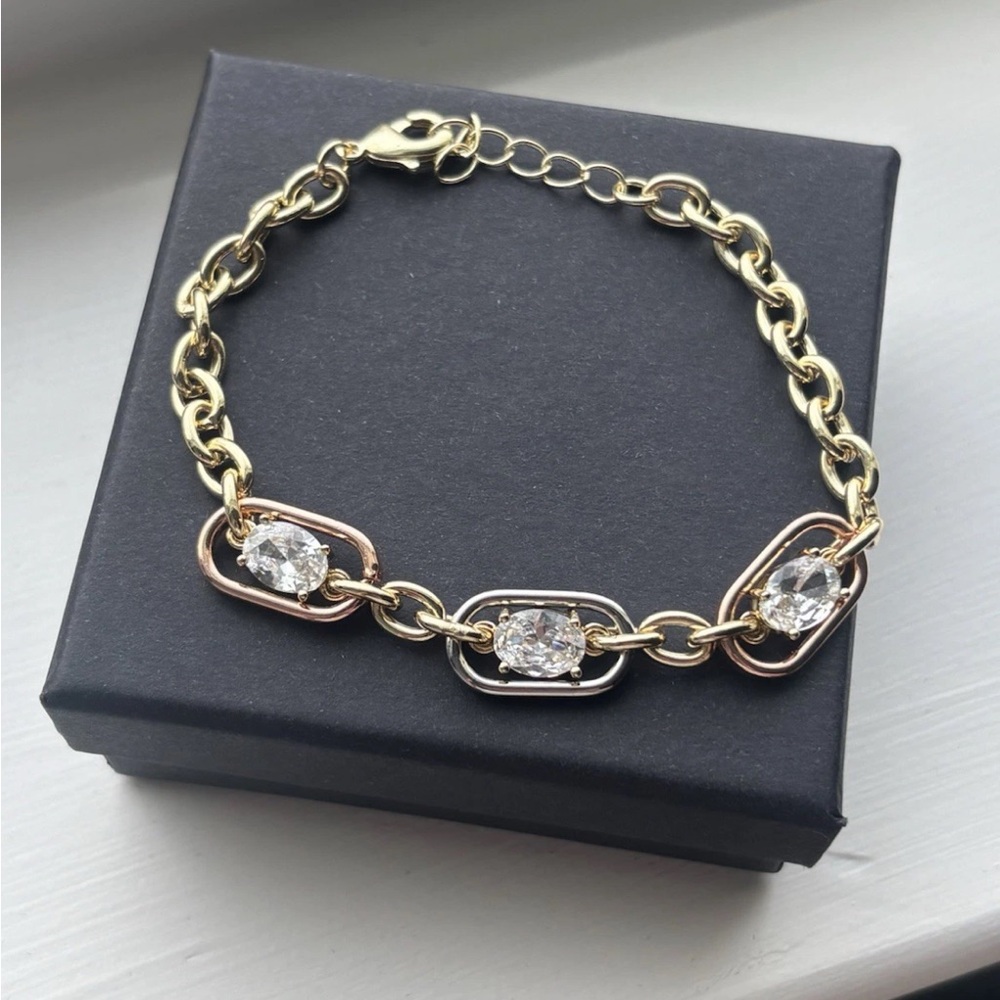 Mixed Metal Oval CZ Station Link Bracelet Chunky Chain 7.5” New Gold Plated